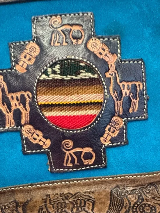 Handcrafted Peruvian Handcrafted Turquoise & Brown Embossed Crossbody Bag - Picture 4 of 12